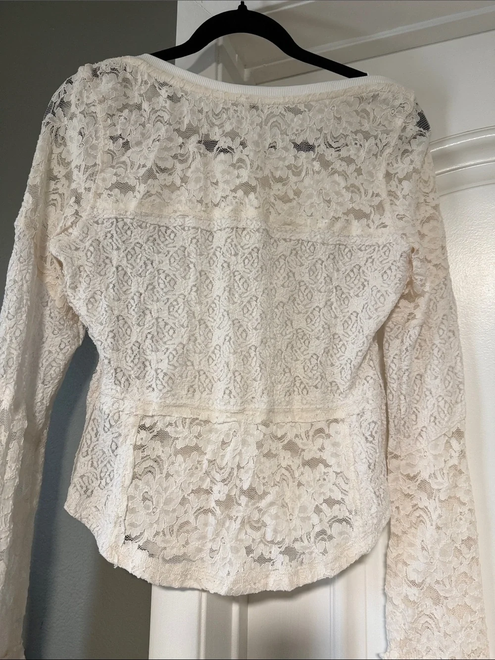 Free People Sheer Lace Flared Long Sleeve Top in Sugar Swizzle